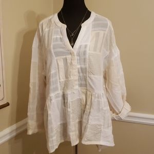 Maeve/Anthro cream mixed-texture patchwork blouse.
